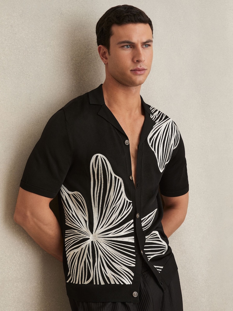 Reiss Black Laurent Flower Embroidered Knit Shirt - Image 1 of 5