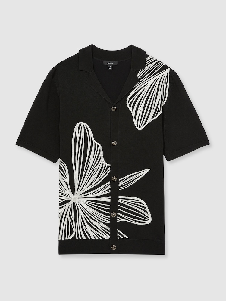 Reiss Black Laurent Flower Embroidered Knit Shirt - Image 2 of 5