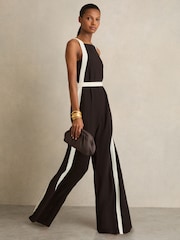 Reiss Chocolate/Cream Salma Colour-Block Wide-Leg Jumpsuit - Image 1 of 6