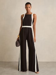 Reiss Chocolate/Cream Salma Colour-Block Wide-Leg Jumpsuit - Image 3 of 6