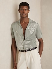 Reiss Soft Sage Laurent Flower Embroidered Knit Shirt - Image 1 of 7