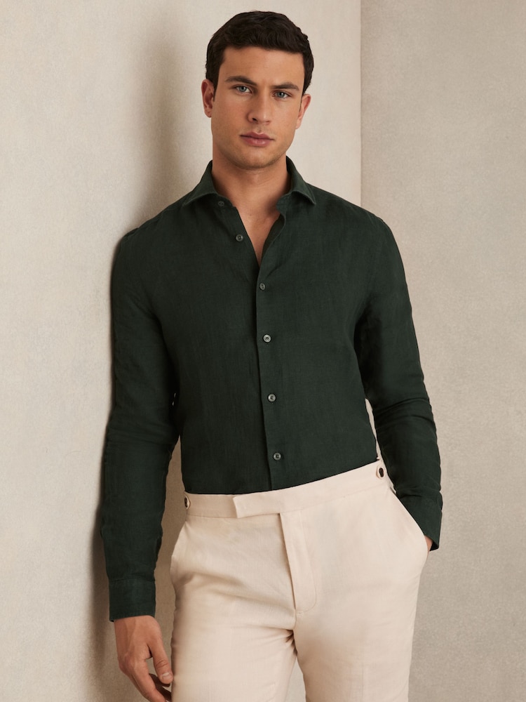 Dark Hunting Green - Льняная рубашка на пуговицах Reiss Ruban - Изображение 1 из 7