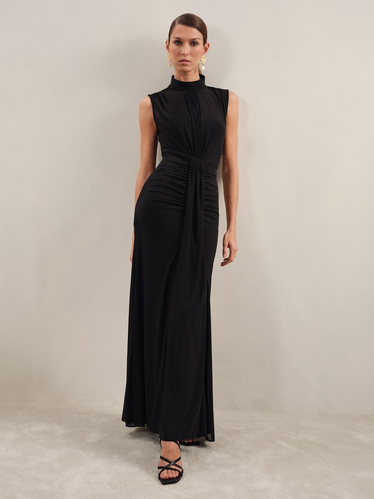 Reiss Black Daniella Sheer Ruched Maxi Dress - Image 1 of 6