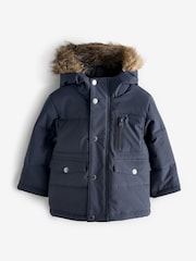 Navy Blue Faux Fur Trim Parka Coat - Image 1 of 1