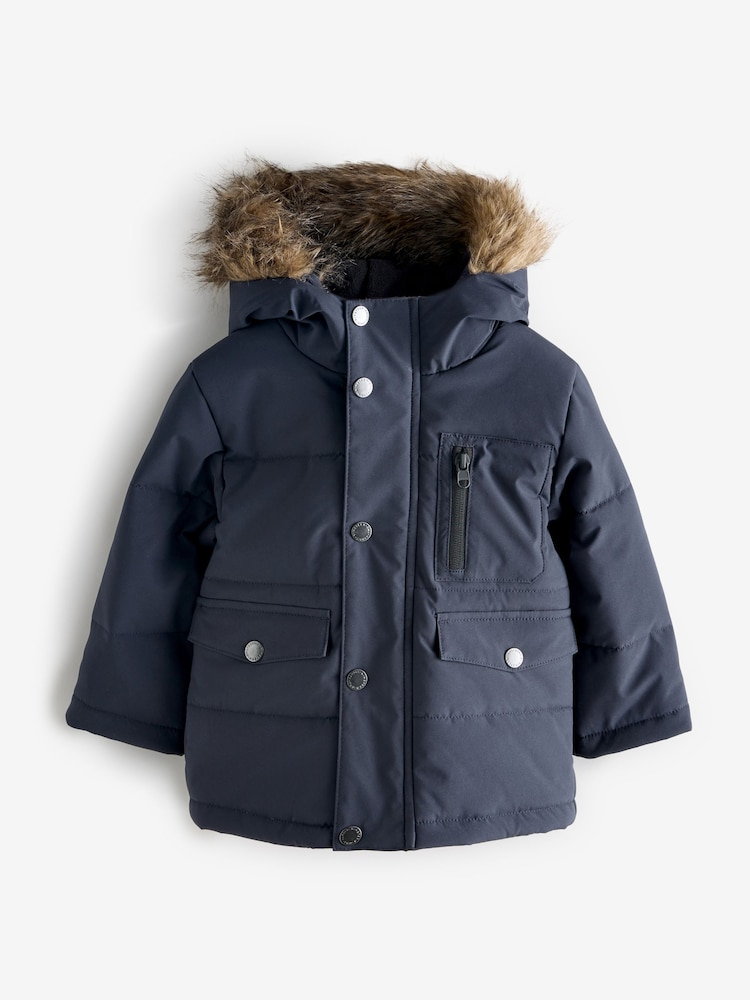 Navy Blue Faux Fur Trim Parka Coat - Image 1 of 1 Navy Blue Faux Fur Trim Parka Coat - Image 1 of 1