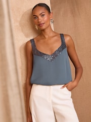 Love & Roses Blue Sequin V-Neck Vest - Image 1 of 4