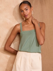Love & Roses Sage Green Square Neck Satin Lace Camisole - Image 1 of 4