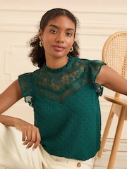 Love & Roses Teal Green Crew Neck Mesh Insert Bobby Sleeveless Blouse - Image 1 of 4