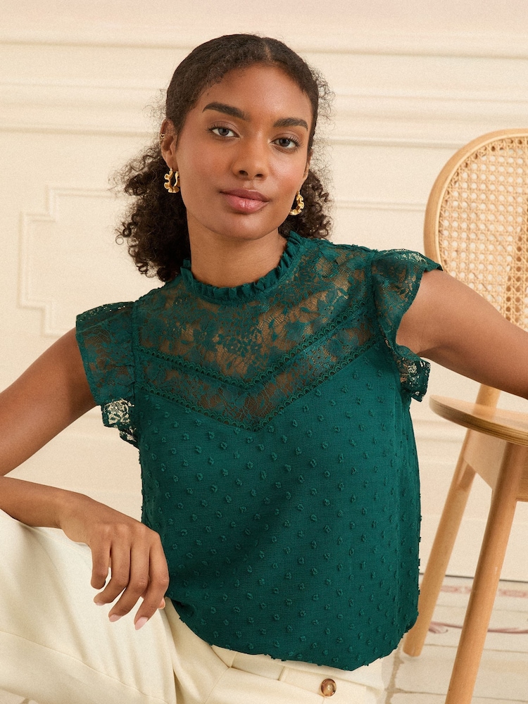 Love & Roses Teal Green Crew Neck Mesh Insert Bobby Sleeveless Blouse - Image 1 of 4 Love & Roses Teal Green Crew Neck Mesh Insert Bobby Sleeveless Blouse - Image 1 of 4