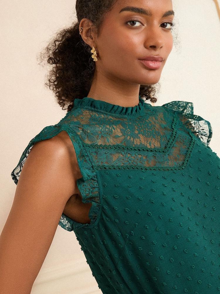 Love & Roses Teal Green Crew Neck Mesh Insert Bobby Sleeveless Blouse - Image 2 of 4 Love & Roses Teal Green Crew Neck Mesh Insert Bobby Sleeveless Blouse - Image 2 of 4