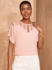 Love & Roses Pink Embellished Short Sleeve Top - Image 1 of 4