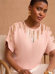 Love & Roses Pink Embellished Short Sleeve Top - Image 3 of 4