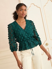 Love & Roses Teal Blue V-Neck 3/4 Sleeve Peplum Blouse - Image 1 of 4