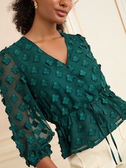 Love & Roses Teal Blue V-Neck 3/4 Sleeve Peplum Blouse - Image 2 of 4