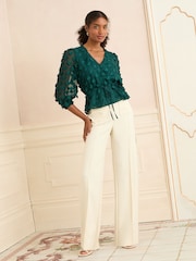Love & Roses Teal Blue V-Neck 3/4 Sleeve Peplum Blouse - Image 3 of 4