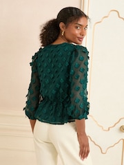 Love & Roses Teal Blue V-Neck 3/4 Sleeve Peplum Blouse - Image 4 of 4