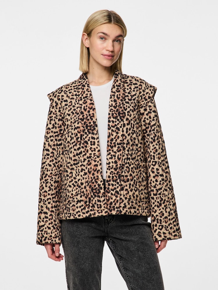 PIECES Brown Quilted Leopard Print Jacket - Image 1 of 5