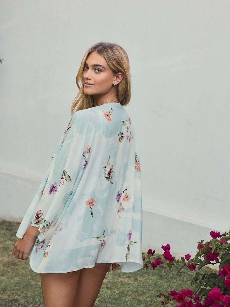 Sage Floral Short Kimono Cover-Up - Image 1 of 7