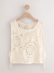 Ecru - 100% Cotton Cropped Crochet Tabbard Cover-Up - Imagem 1 de 3