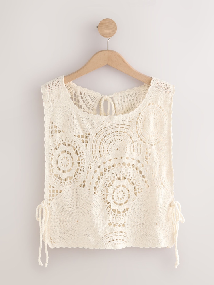 Ecru - 100% Cotton Cropped Crochet Tabbard Cover-Up - Imagem 1 de 3