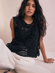 Preto - 100% Cotton Cropped Crochet Tabbard Cover-Up - Imagem 1 de 9