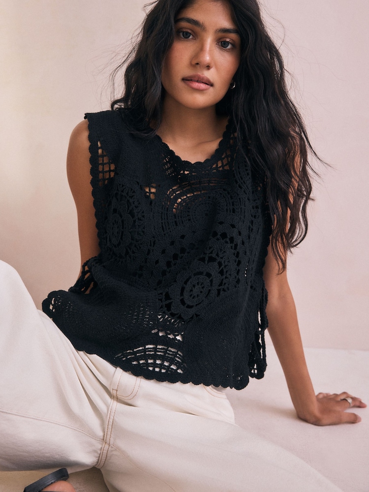 Black Cropped Crochet Tabard Cover-Up - Image 1 of 9 Black Cropped Crochet Tabard Cover-Up - Image 1 of 9