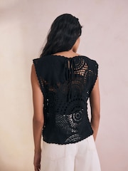 Preto - 100% Cotton Cropped Crochet Tabbard Cover-Up - Imagem 3 de 9