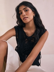 Preto - 100% Cotton Cropped Crochet Tabbard Cover-Up - Imagem 4 de 9