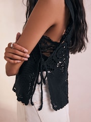 Preto - 100% Cotton Cropped Crochet Tabbard Cover-Up - Imagem 6 de 9