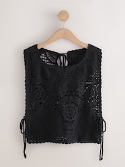 Preto - 100% Cotton Cropped Crochet Tabbard Cover-Up - Imagem 7 de 9