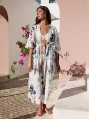 Blue Floral Kew Collection 100% Cotton Tie Waist Maxi Kimono - Image 1 of 9