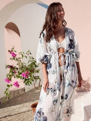 Blue Floral Kew Collection 100% Cotton Tie Waist Maxi Kimono - Image 2 of 9