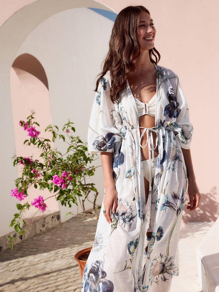 Blue Floral Kew Collection 100% Cotton Tie Waist Maxi Kimono - Image 2 of 9
