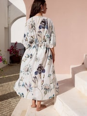 Blue Floral Kew Collection 100% Cotton Tie Waist Maxi Kimono - Image 4 of 9