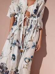 Blue Floral Kew Collection 100% Cotton Tie Waist Maxi Kimono - Image 6 of 9