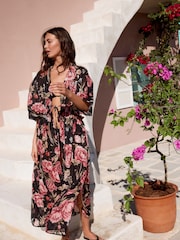 Black/Pink Vintage Floral Kew Collection 100% Cotton Tie Waist Maxi Kimono - Image 1 of 9