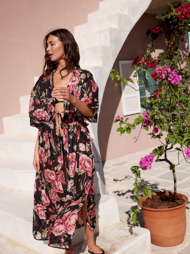 Black/Pink Vintage Floral Kew Collection 100% Cotton Tie Waist Maxi Kimono - Image 1 of 9