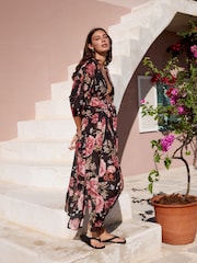 Black/Pink Vintage Floral Kew Collection 100% Cotton Tie Waist Maxi Kimono - Image 2 of 9