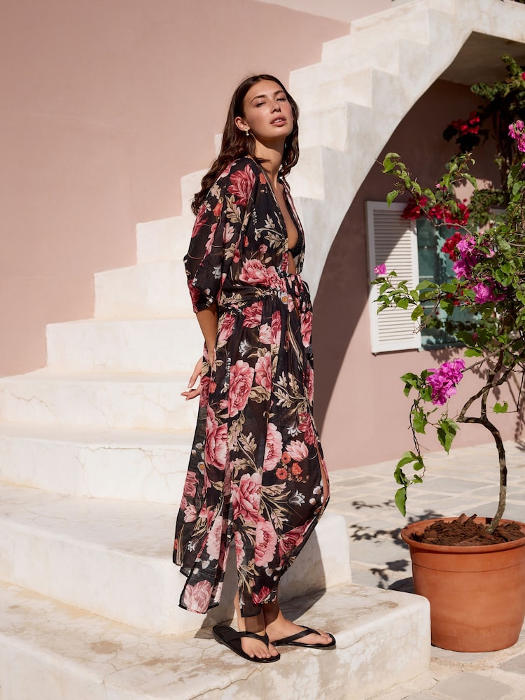 Black/Pink Vintage Floral Kew Collection 100% Cotton Tie Waist Maxi Kimono - Image 2 of 9