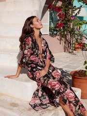 Black/Pink Vintage Floral Kew Collection 100% Cotton Tie Waist Maxi Kimono - Image 4 of 9