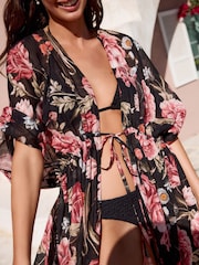 Black/Pink Vintage Floral Kew Collection 100% Cotton Tie Waist Maxi Kimono - Image 5 of 9
