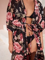 Black/Pink Vintage Floral Kew Collection 100% Cotton Tie Waist Maxi Kimono - Image 6 of 9