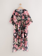Black/Pink Vintage Floral Kew Collection 100% Cotton Tie Waist Maxi Kimono - Image 7 of 9