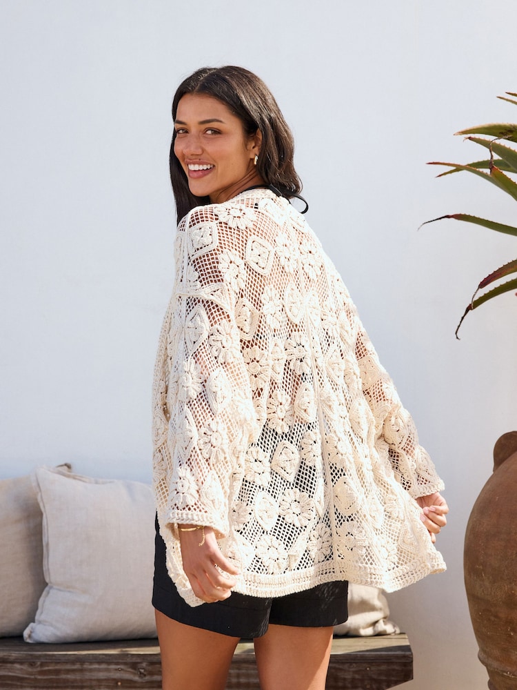 Ecru - 100% Cotton Slouchy Crochet Kimono - Imagem 1 de 4