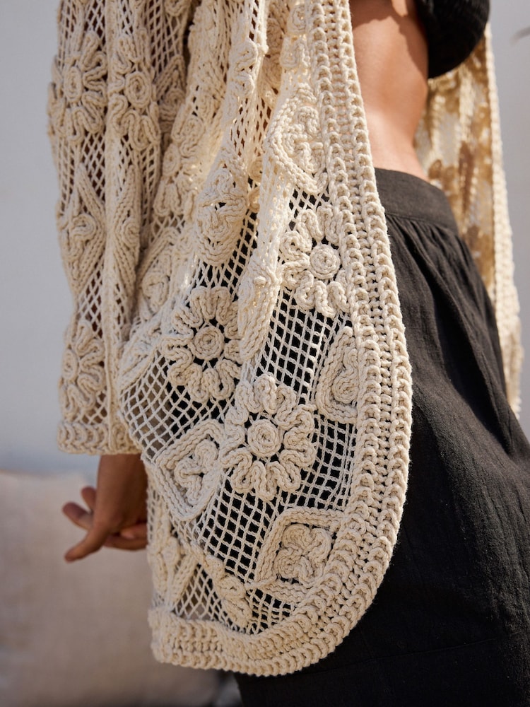 Ecru - 100% Cotton Slouchy Crochet Kimono - Imagem 4 de 4