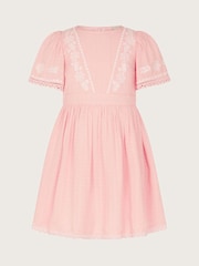 Monsoon Pink Floral Embroidered Short Sleeve Dress - Image 1 of 3