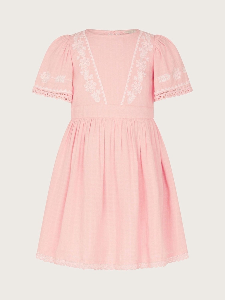 Monsoon Pink Floral Embroidered Short Sleeve Dress - Image 1 of 3