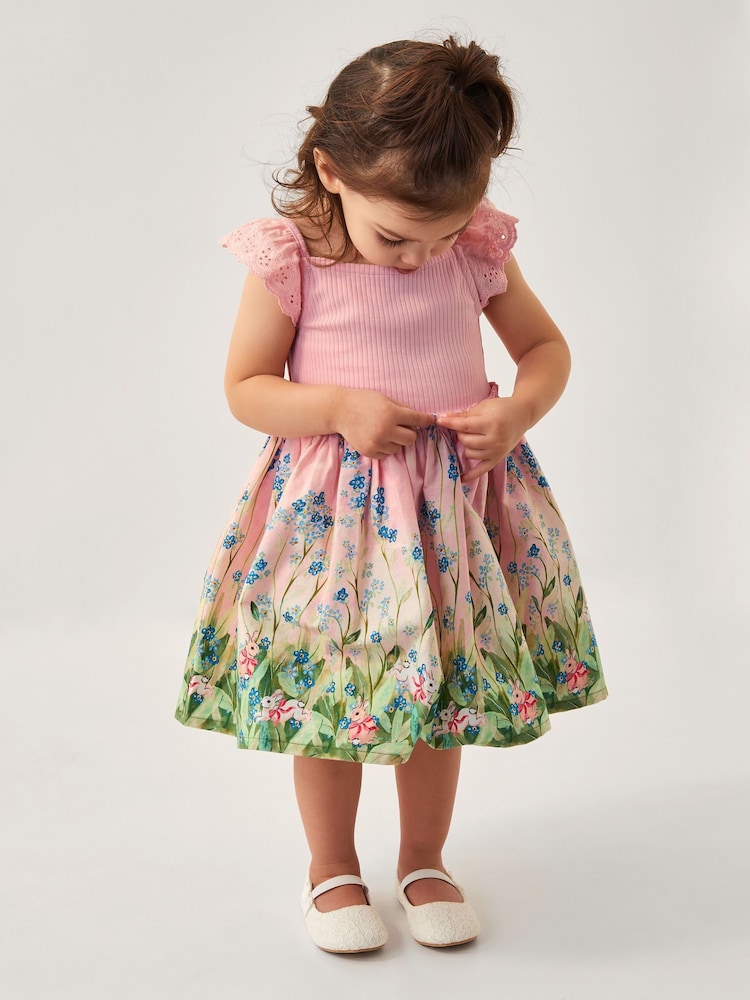 Monsoon Pink Baby Bunny Scene 100% Cotton Dress - Image 1 of 4