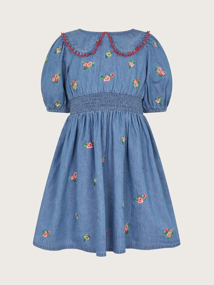 Monsoon Blue Floral Embroidered Chambray Dress - Image 2 of 4
