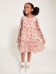 Monsoon Natural Long Sleeve Floral Frill Dress - Image 1 of 4